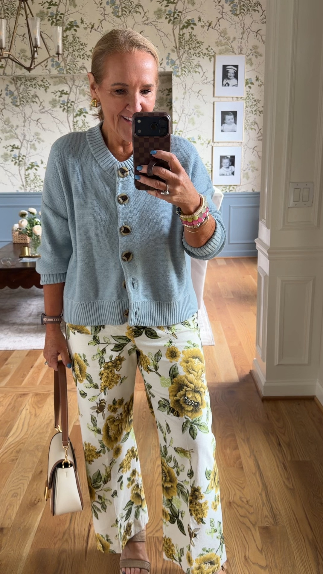 This cotton sweater comes in multiple colors in the sky. Blue is just beautiful. I love how the blue offsets, the olive green and yellow in these floral Colette pants.
Sweater size medium
Pants size 29 regular
I’ll link similar wedges and a similar bag
20% off my bracelet stack code NANETTE20

#LTKSeasonal #LTKootd #LTKOver40