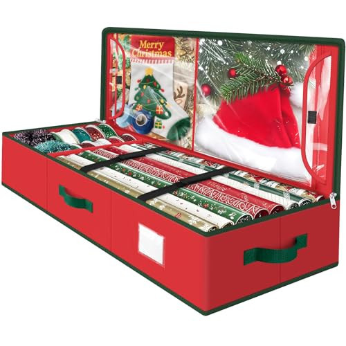 Wrapping Paper Organizer Storage, Christmas Wrapping Paper Storage for Christmas Decorations, Ribbon, Accessories, Underbed Gift Wrap Container with Flexible Partition, Interior Pockets(Red) | Amazon (US)