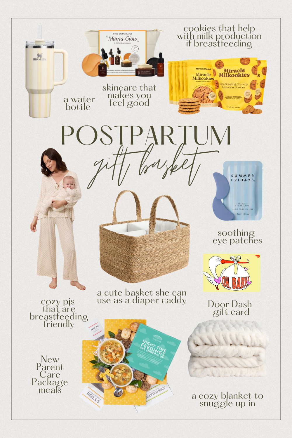 Know a mama who just had a baby? This is the postpartum gift basket she actually wants and will use 🤍 Skip the generic gifts and put together something truly thoughtful — a Stanley tumbler to stay hydrated, True Botanicals Mama Glow skincare to help her feel like herself again, Miracle Milkookies to support milk production if she is breastfeeding, cozy breastfeeding friendly pajamas and a blanket to snuggle up in, Summer Fridays eye patches for those exhausted under eyes, a DoorDash gift card so she does not have to worry about cooking or a New Parent Care Package with ready made meals, and a cute basket she can repurpose as a diaper caddy. Bonus points for including her favorite snacks for when nap trapped! Everything is linked below — this makes the perfect new mom gift! 🥹 #postpartumgift #newmomgift #babyshowergift #postpartum #ltkbaby #ltkgifts #newmom #giftbasket 

 #LTKmomlife #LTKBaby #LTKBump