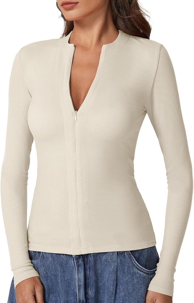 QINSEN Long Sleeve Shirts for Women Crewneck Half Zipper Ribbed Knit Going Out Tops Full Length B... | Amazon (US)