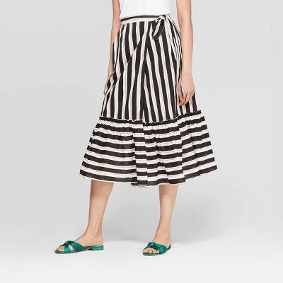 Women's Striped Ruffled Hem Tie Waist Midi Skirt - Who What Wear™ Black/Yellow | Target