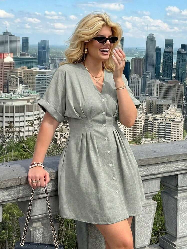 Dripcurv Plus-Size Women's Spring Green Mid-Sleeve Fitted Waist Casual Dress, With Gathered Waist,Spring Outfit Women Plus Size Dress Button Down Dress, Summer Dresses, Spring Clothing | SHEIN