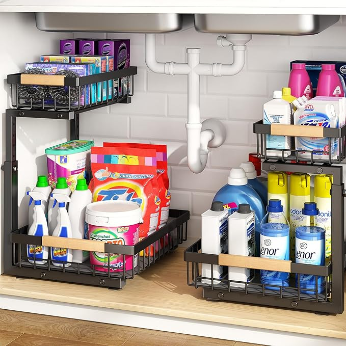 PXRACK 2 PACK Under Sink Organizer,Adjustable Height,2 Tier Pull Out Under Cabinet Organizer,Thic... | Amazon (US)