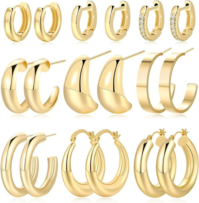 6 Pairs Chunky Gold Hoop Earrings Set for Women 14K Gold Plated Hypoallergenic Thick Open Huggie ... | Amazon (US)