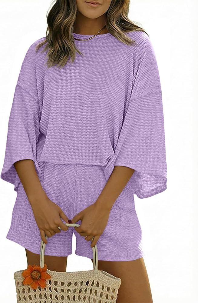 Tankaneo Womens Short Sets 2 Piece Outfits 3/4 Sleeve Tops and Elastic Waist Shorts Lounge Set Ca... | Amazon (US)