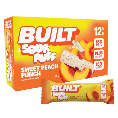 Built Bar, Sour Puff Protein Bars, Sweet Peach Punch, Collagen, On-the-go Snacks, Sour Candy Snack, 12 Pack | Amazon (US)