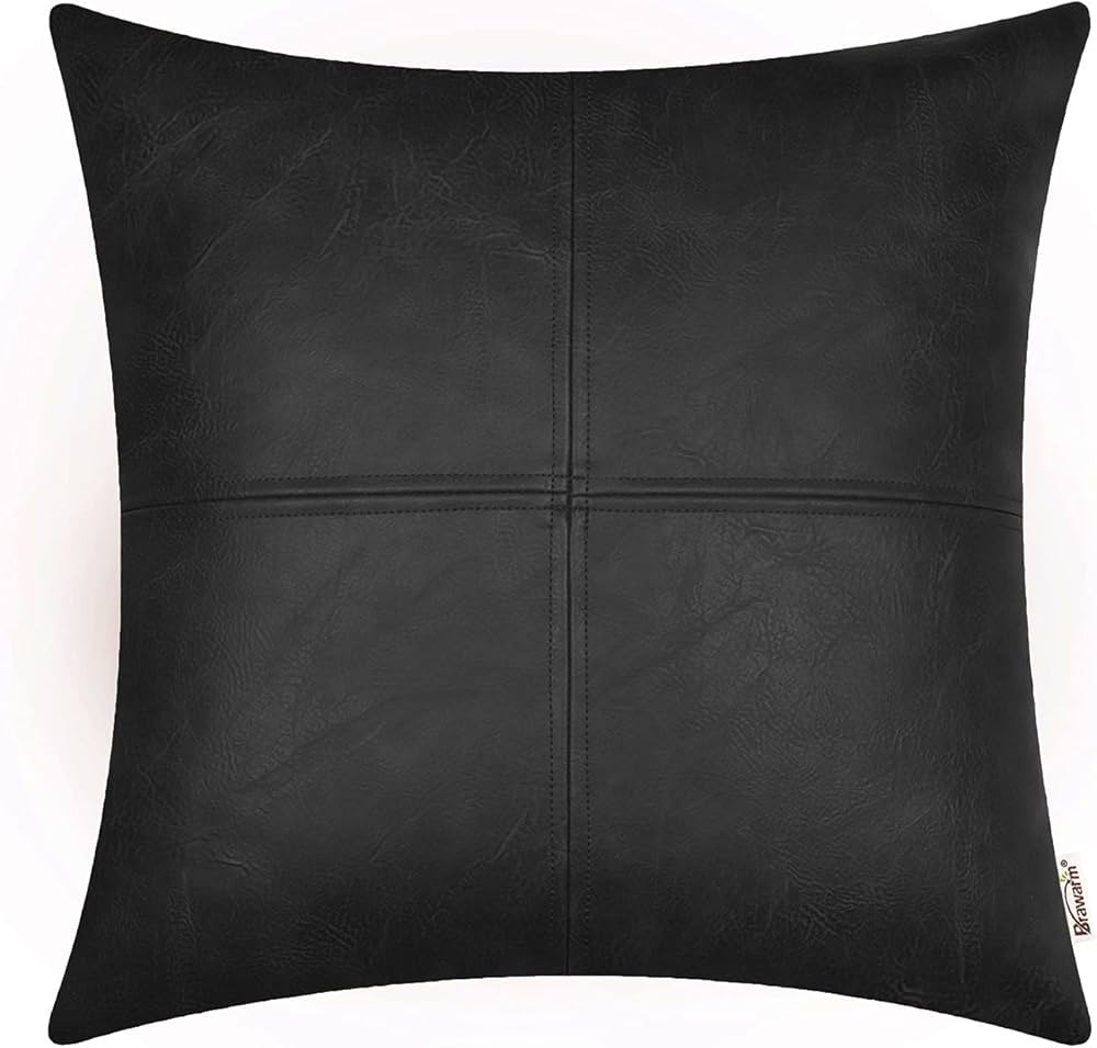 BRAWARM Faux Leather Throw Pillow Covers 20 X 20 Inches, Black Leather Pillow Cover, Hand Stitche... | Amazon (US)
