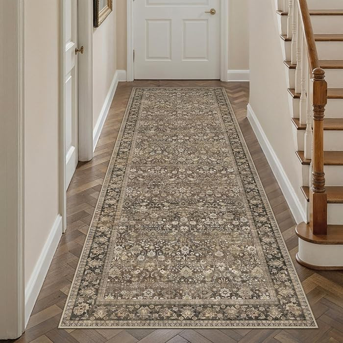 3x8 Brown Vintage Floral Washable Runner Rug for Hallway | Amazon (US)