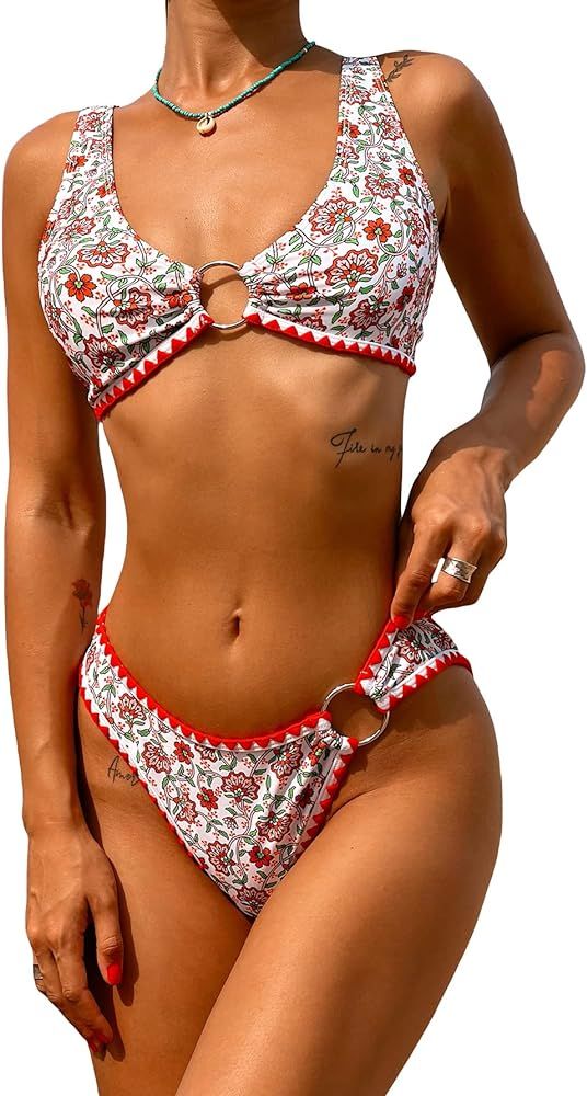 COZYEASE Women's 2 Piece Floral Print O-Ring Front Swimsuit High Waisted Bikini Set High Cut V Ne... | Amazon (US)