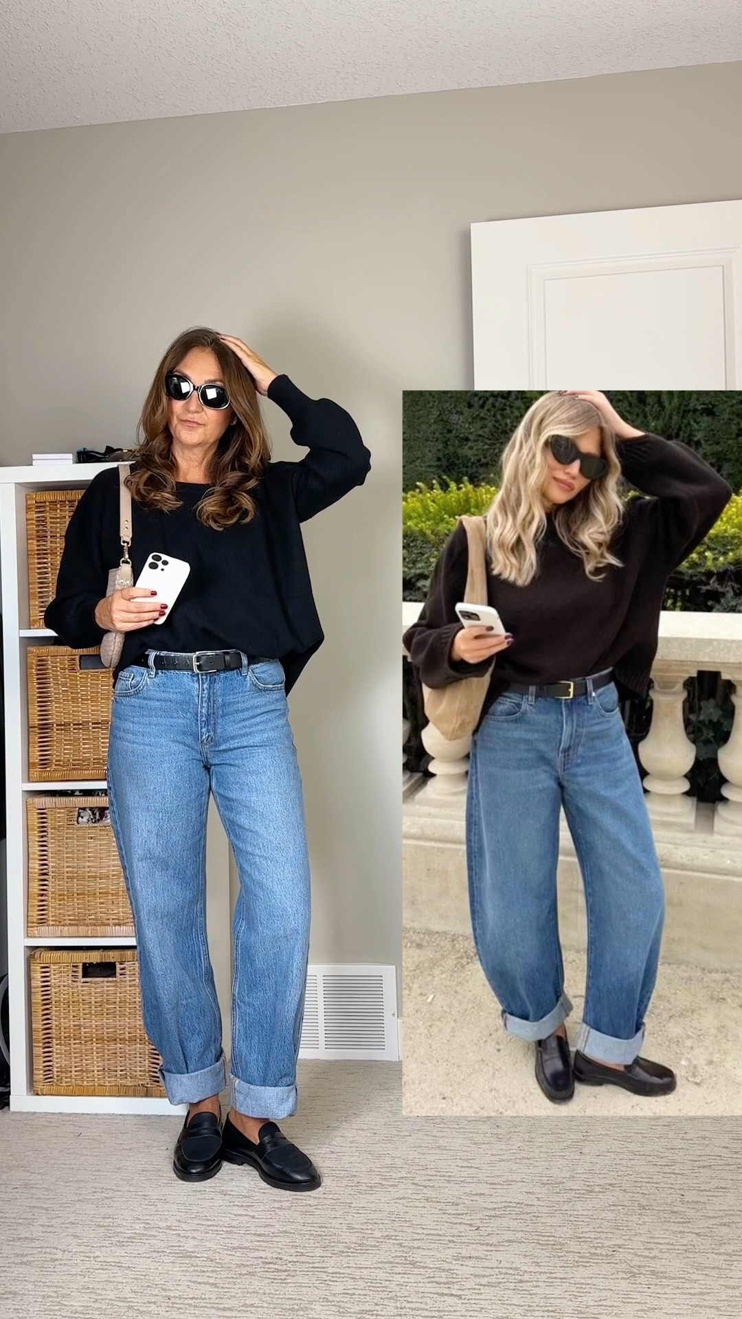 Easy Pinterest look, a simple sweater and jeans get a little added interest by cuffing the jeans and using a bag in a contrasting color.
I’m 5’ 7” wearing my usual size 27 in the jeans and M in the sweater. The loafers fit tts and are really comfortable and great quality, use code CBSTYLED-25 for $25 off orders $200+.
Also linked my bag, belt and sunnies.