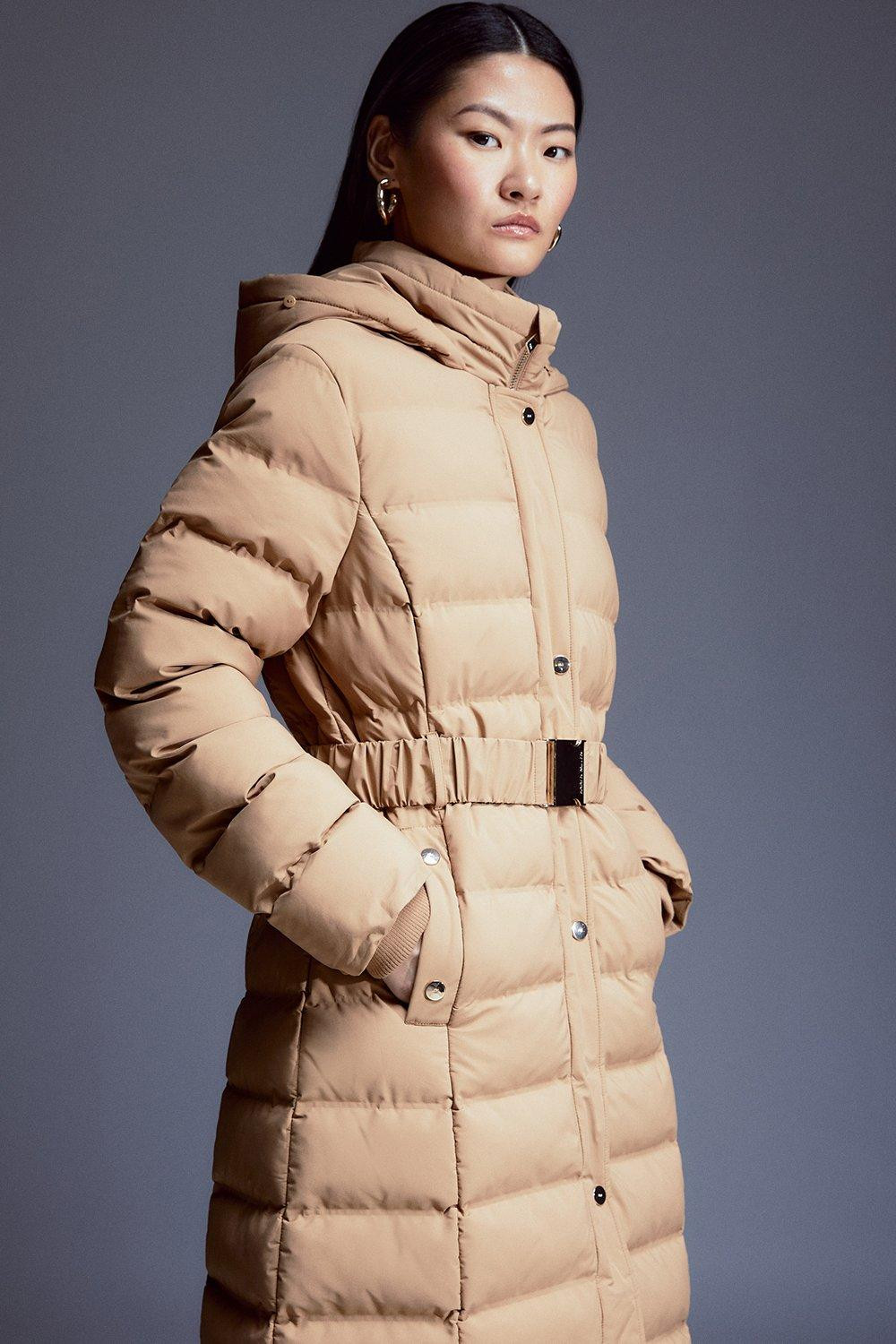 Heat Seal Puffer Belted Faux Fur Hood Longline Jacket | Karen Millen UK + IE + DE + NL