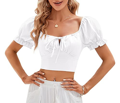 Womens Puff Short Sleeve Crop Tops Square Neck Ruched Front Bow Tie Shirts Cute Summer Vocation Beach Blouse White | Amazon (US)