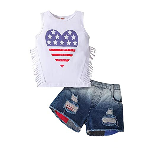 vivifayee Baby Toddler Girls 4th of July Outfit Sleeveless Independence Day Shirt Tassel Tops Denim Shorts Set 2Pcs American Flag Summer Clothes Kids | Amazon (US)