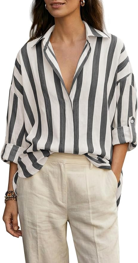 Women's Boho Vertical Striped Oversized Shirt V-Neck Blouse Lightweight Beach Vacation Top for Su... | Amazon (US)