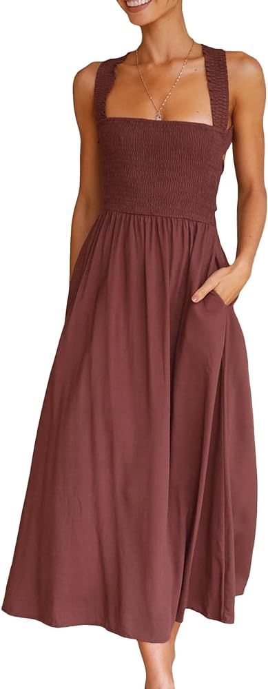 Sexyshine Women's Square Neck Halter Lace Up Criss Cross Maxi Dress Tie Back Sleeveless Smocked R... | Amazon (US)