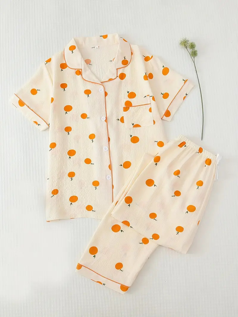 Orange Print Pajama Set, Short Sleeve Button Up Top & Elastic Waistband Pants, Women's Sleepwear ... | Temu Affiliate Program