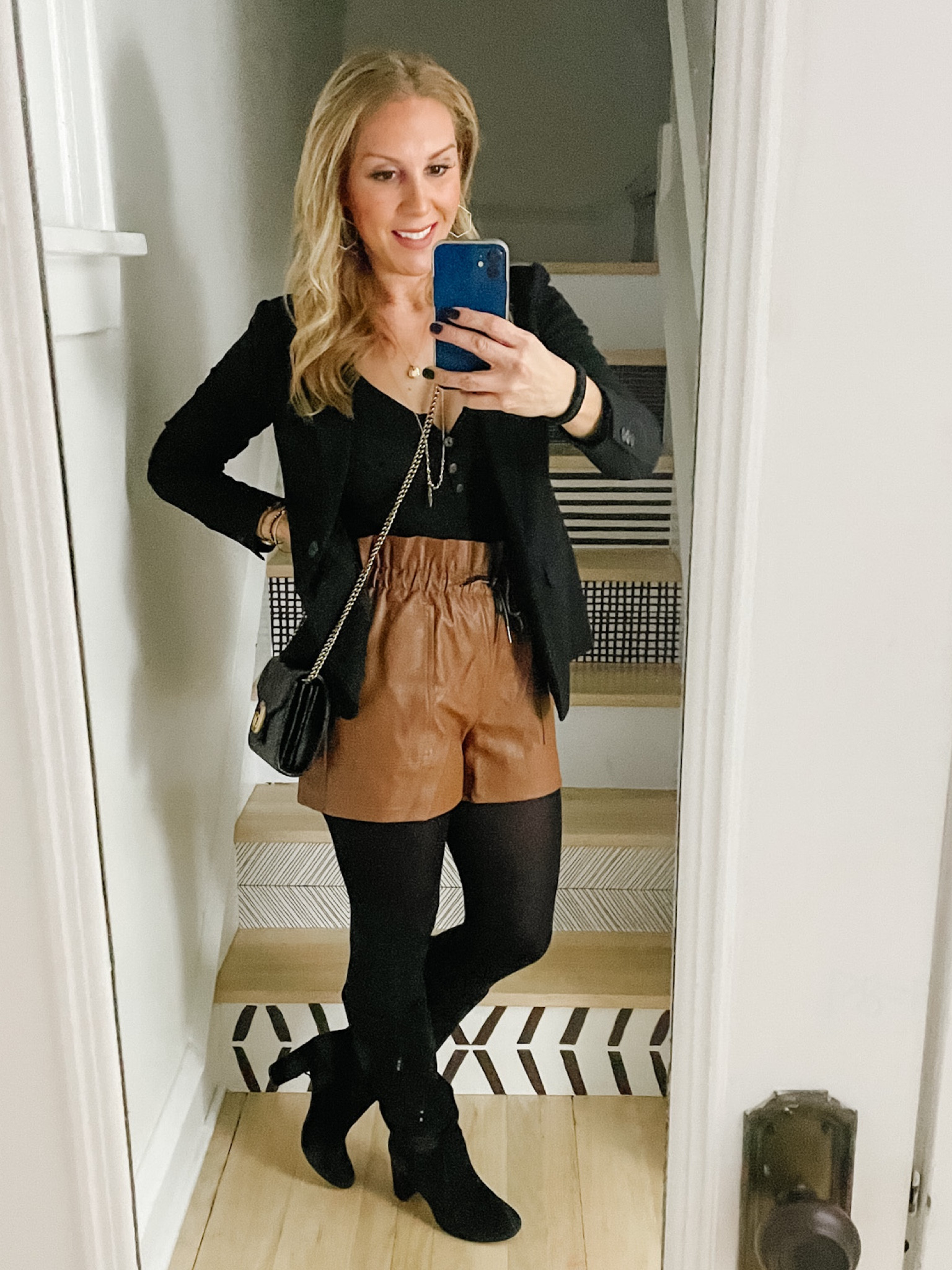 Wore this outfit for my birthday! Tan leather high-waisted shorts, black tights, a black bodysuit, black bodysuit & scrunched boots along with mg crossbody Gucci bag 👛 


#LTKstyletip #LTKcurves #LTKHoliday