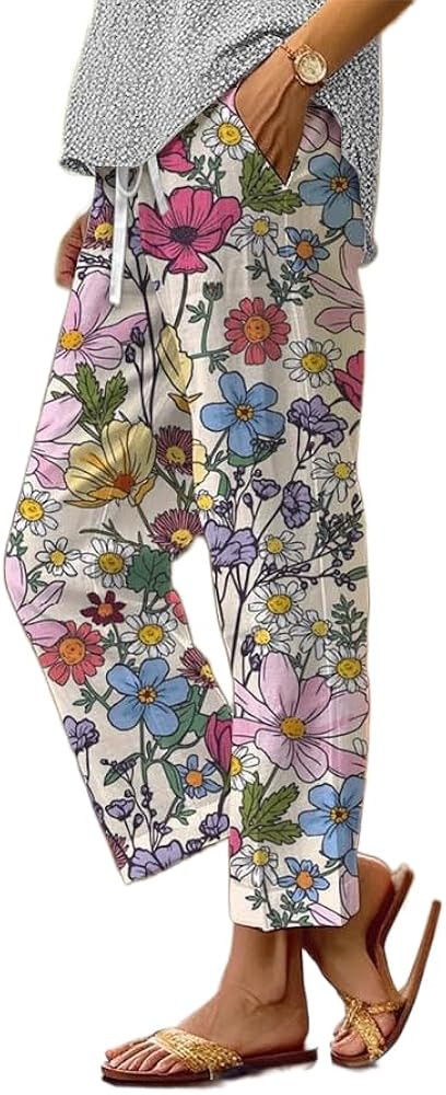 Women's Boho Floral Casual Pants Summer Fall Wide Leg Elastic Waist Beach Trousers with Pockets P... | Amazon (US)