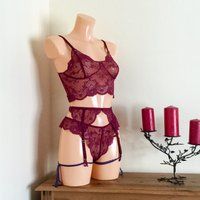 Lace bralette thong and garter set in sexy lingerie in stretch lace Art Deco burgundy | Etsy (US)