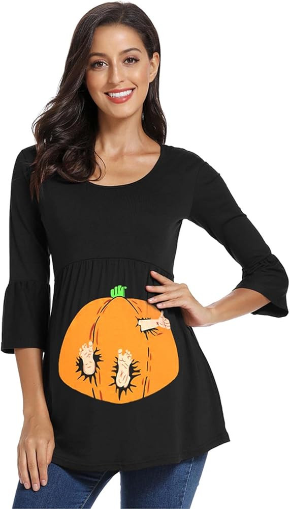 Ecavus Halloween Maternity Tops Striped Peplum 3/4 Ruffle Sleeve Cute Maternity Halloween Shirts | Amazon (US)