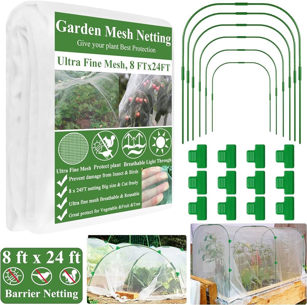 Garden Mesh Netting Kit, Plant Covers 8x24 Ft Ultra Fine Mesh Netting & 6Pcs Garden Hoops & 18 Cl... | Amazon (US)