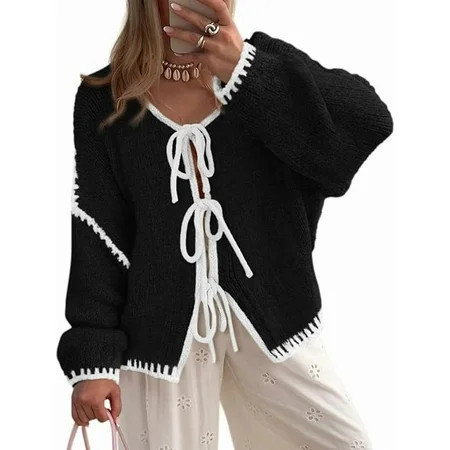 PRETTYGARDEN Women's Tie Front Bow Cardigan Sweaters Chunky Knit Long Puff Sleeve Trendy Fall Winter Jacket Coats | Walmart (US)