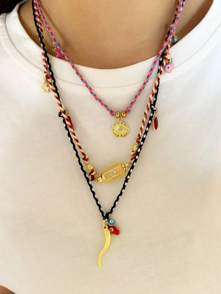 1pc Bohemian Colorful Rope, Chili Pepper, Eye, Hexagon Cylinder Pendant Necklace For Women, Beach Vacation Accessories | SHEIN