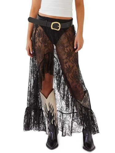 Cicy Bell Womens Lace Maxi Skirt Summer High Low Asymmetrical Sheer Y2K Sexy Beach Cover-up Long Skirts Black | Amazon (US)