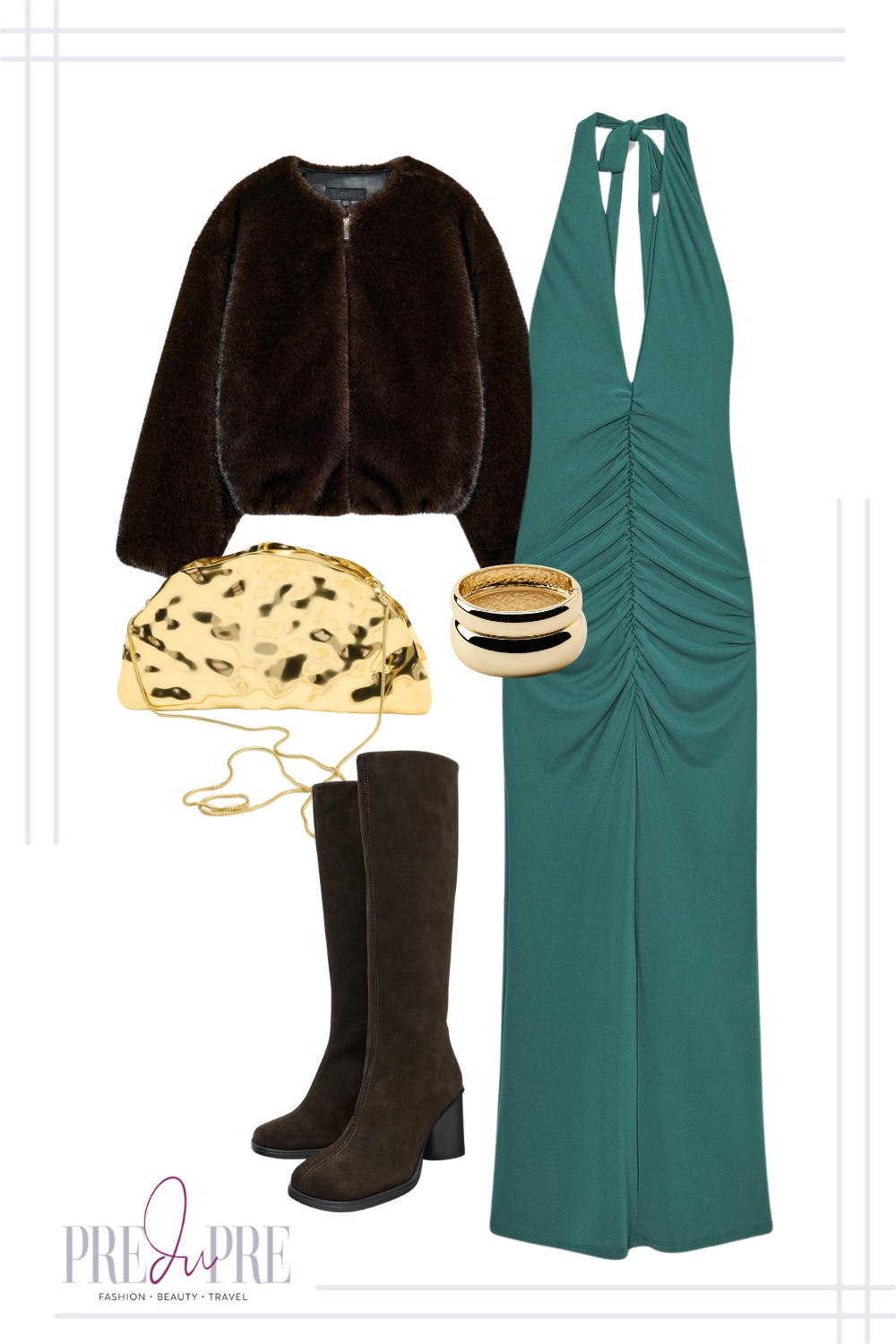 Dress for the festive season in this stylish look that's perfect for a holiday party or Christmas dinner! This stylish ensemble is comfortable enough for feasting but elegant enough for family photos! A ruched emerald green halter maxi dress is given a cozy, autumnal twist with a cropped dark brown faux fur jacket. Finish the look with beautiful suede knee-high boots and a striking gold clutch. It’s an inspired choice that adds a gorgeous pop of color to the neutral fall palette. All these chic pieces are linked here!

#christmasoutfit #holidaystyle #winterfashion #partydress #longcoat #floralprint #layering #preduprestyle #fashioninspo #holidaywear 

 #LTKSeasonal #LTKParties #LTKStyleTip