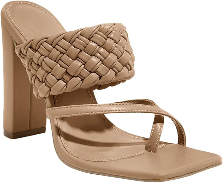 Juliet Holy Womens Braided Sandals Square Toe Chunky High Heel Strappy Slip on Slide Mules | Amazon (US)