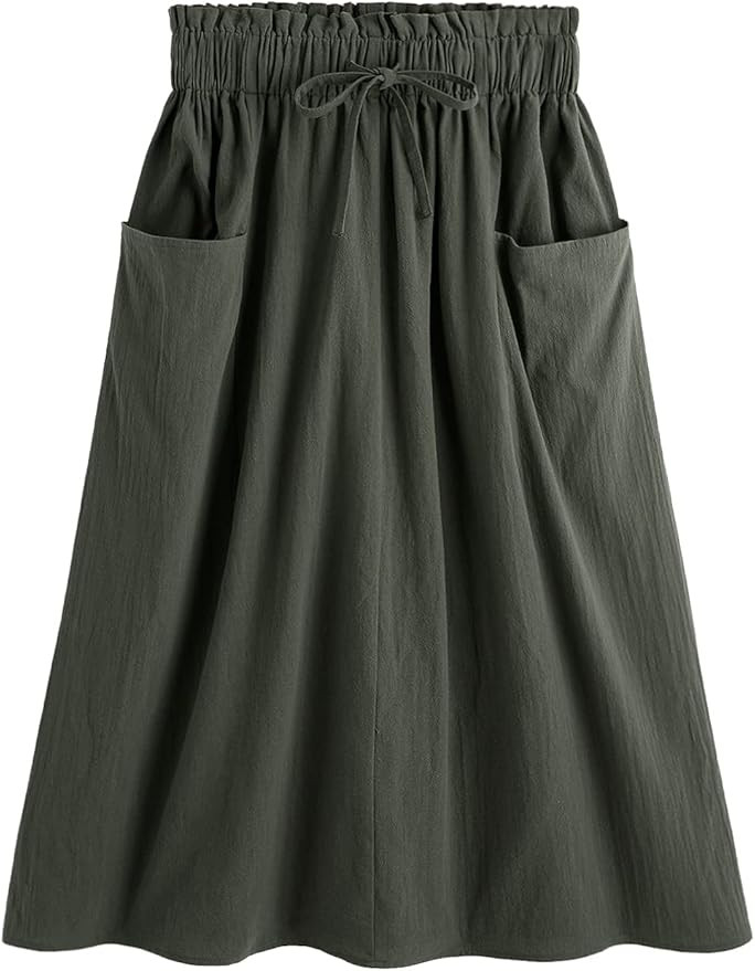 SweatyRocks Women's Casual Paper Bag Waist A Line Pleated Midi Skirt with Pockets | Amazon (US)