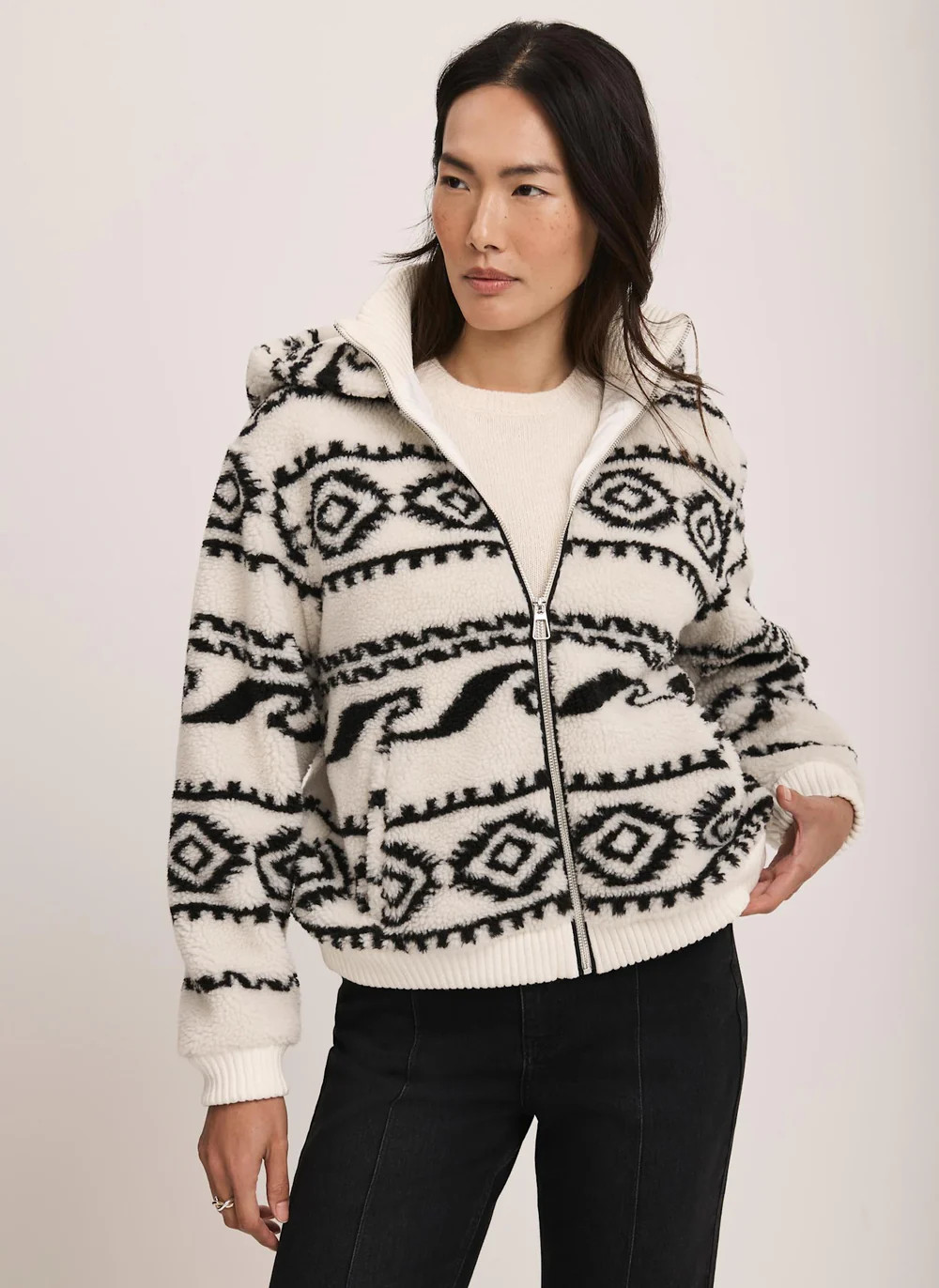 Cream Borg Print Hooded Zip Jacket | Mint Velvet