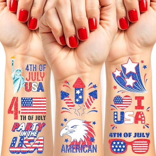 Partywind 60 Pcs 4th of July Decorations, Glitter USA Patriotic Tattoos Sticker, 4th of July Outfits for Women, Red White and Blue Accessories, Memorial Day, Independence Day Party Favors | Amazon (US)