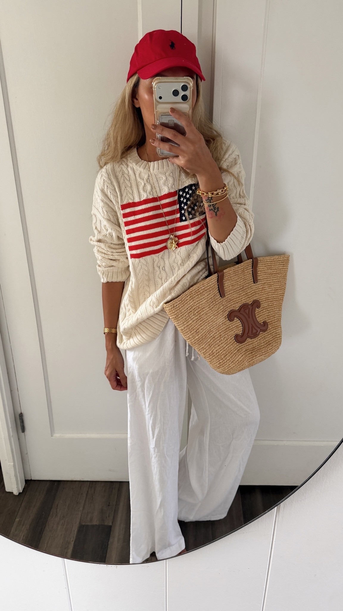 Memorial Day outfit. This sweater is such good quality! Wearing a small sweater, xxs linen pants!