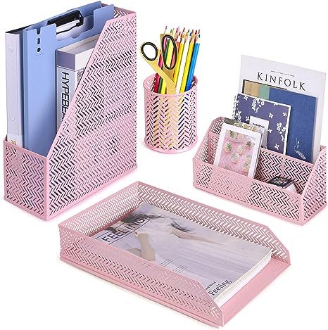 POPRUN Desk Organizer Set Pink, Cute Desk Accessories Supplies 4 Piece-Letter Sorter, Pencil Hold... | Amazon (US)