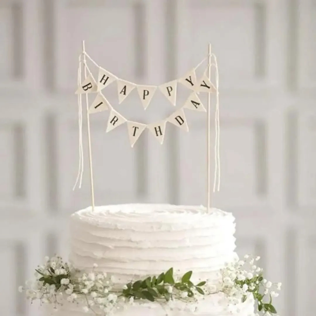 Cream-colored Rustic Burlap 'happy Birthday' Cake Bunting Flag Topper – Hessian Party Decor for... | Etsy (US)