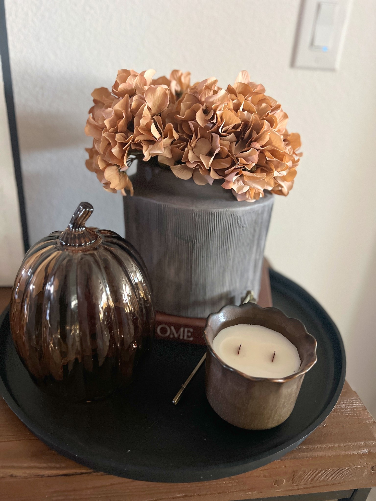 A beautiful fall vignette in a tray for your console table, kitchen counter or island, or even your dining table. Textured planter pot, brown faux hydrangeas, brown glass pumpkin, brown fluted fall candle, Brown, coffee table book, round black metal tray for decor

#LTKHome #LTKSeasonal #LTKSaleAlert