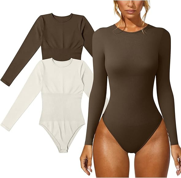GXIN Women's 2 Piece Sexy Bodysuit Long Sleeve Ribbed Bodycon Bodysuits | Amazon (US)