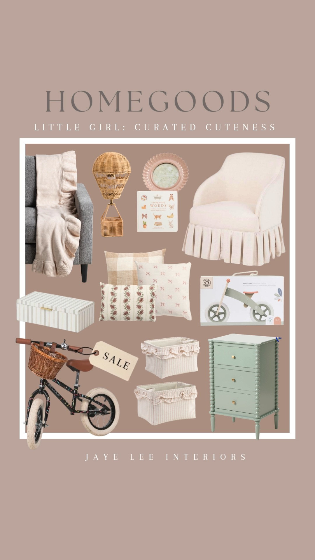 Curated Cuteness: 30 adorable finds for a little girl's bedroom at TJ Maxx, Marshall's and Homegoods...
Girl's room, nursery, baby gifts, toddler toys, little girl lifestyle, swivel accent chair, ruffled throw blanket, scalloped frame, 3 drawer nightstand, kids' bike, hot air balloon lamp, playroom storage and organization, toy storage baskets, throw pillows, bed pillows, accent pillows, home decor, baby's room #jleeinteriors 

 #LTKHome #LTKSaleAlert #LTKKids