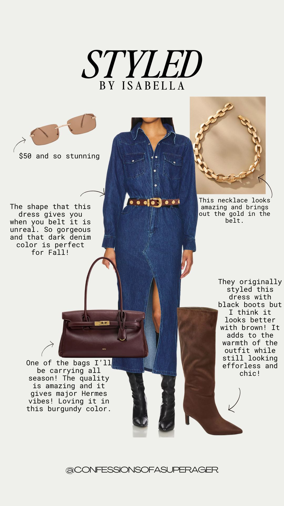 This denim midi dress is the ultimate fall wardrobe essential — the shape is so flattering and the dark wash feels chic and season-ready. I styled it with one of my favorite madewell belts, brown suede knee-high boots (love the warmth they add), a structured Hermès-inspired burgundy bag, and a bold gold chain necklace to pull the look together.

This is one of those fall outfit ideas you can wear everywhere: from brunch to casual dinners to fall events where you want to look polished without trying too hard. The accessories give major French-girl chic energy. 🍷 

 #FallOutfitIdeas #DenimDressStyle #FallWardrobe2025 #Over40Style #ChicAndEffortless #FallFashionInspo #KneeHighBootsStyle #LTKFallFashion #CapsuleWardrobeStyle #ConfessionsOfASuperAger #LTKOver40 #LTKStyleTip #LTKItBag