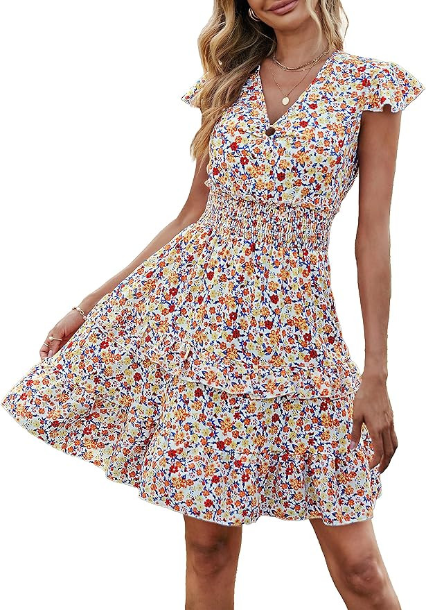 PRETTYGARDEN Womens Summer Dresses Boho V Neck Floral Print Ruffle Sleeve Layered Mini Dress Cute... | Amazon (US)