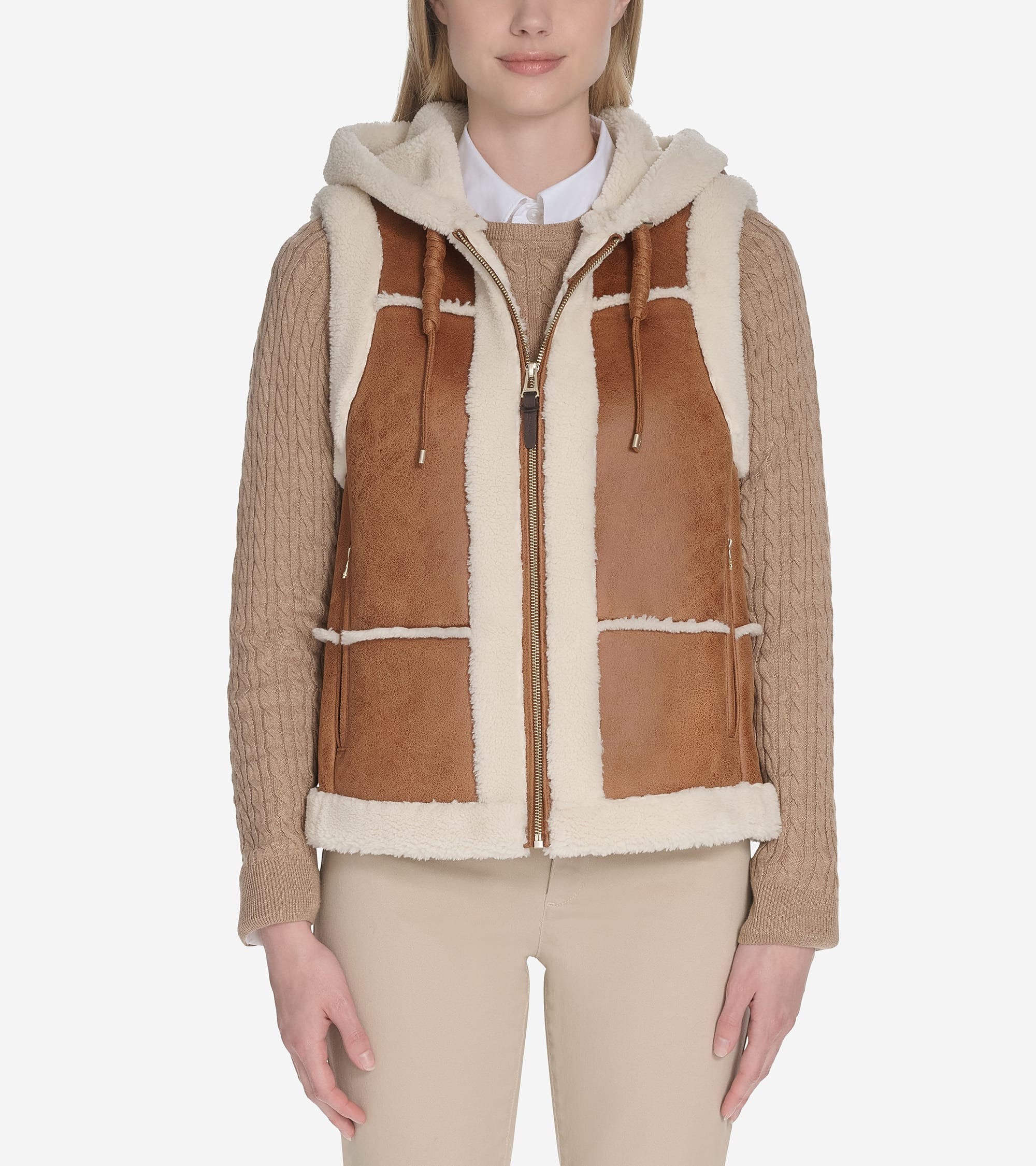 Women's Waxed Suede Shearling Vest With Set-In Hood in Brown | Cole Haan | Cole Haan (US)