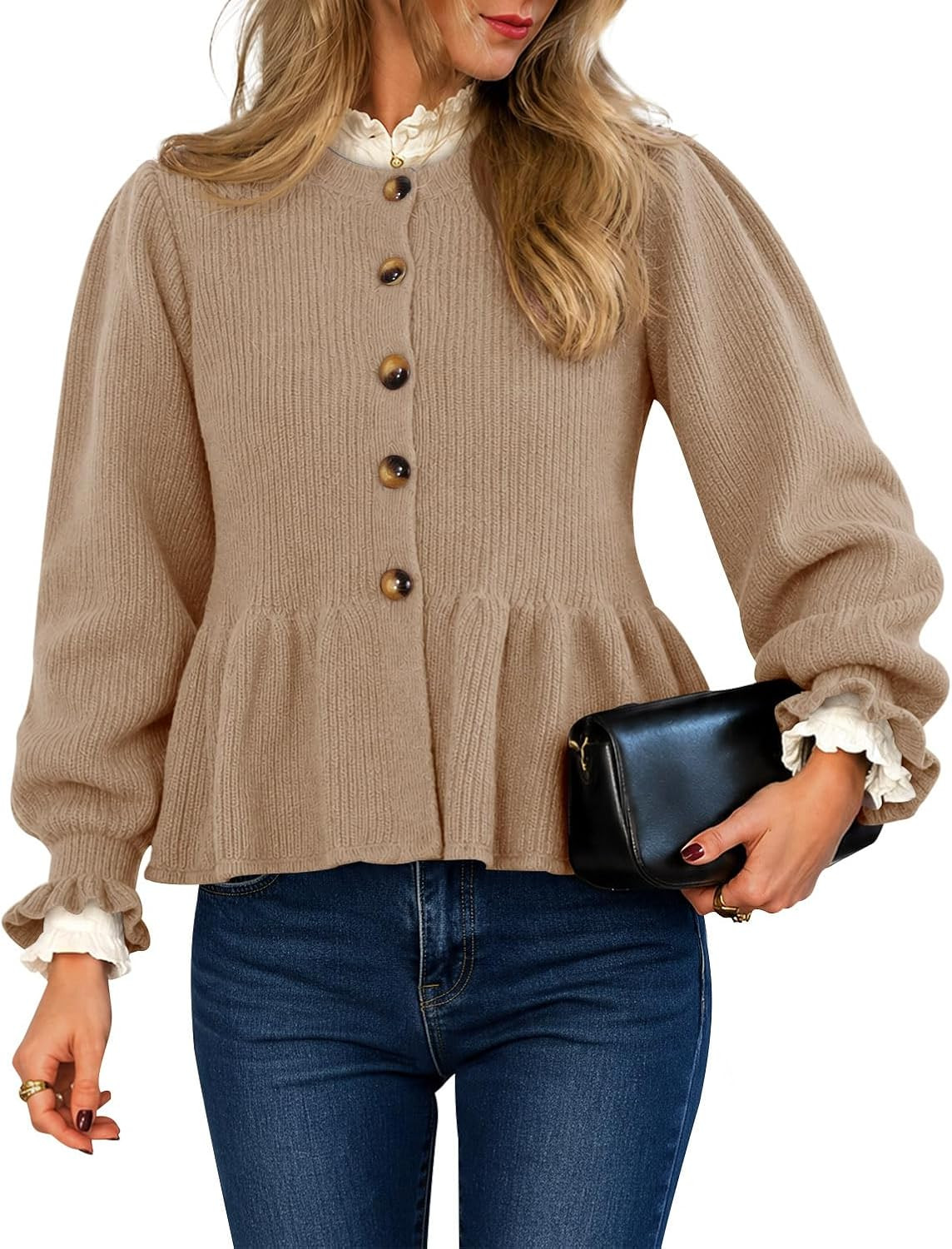 Saodimallsu Womens Cropped Cardigan Fall Ruffle Sleeve Button Up Sweater | Amazon (US)