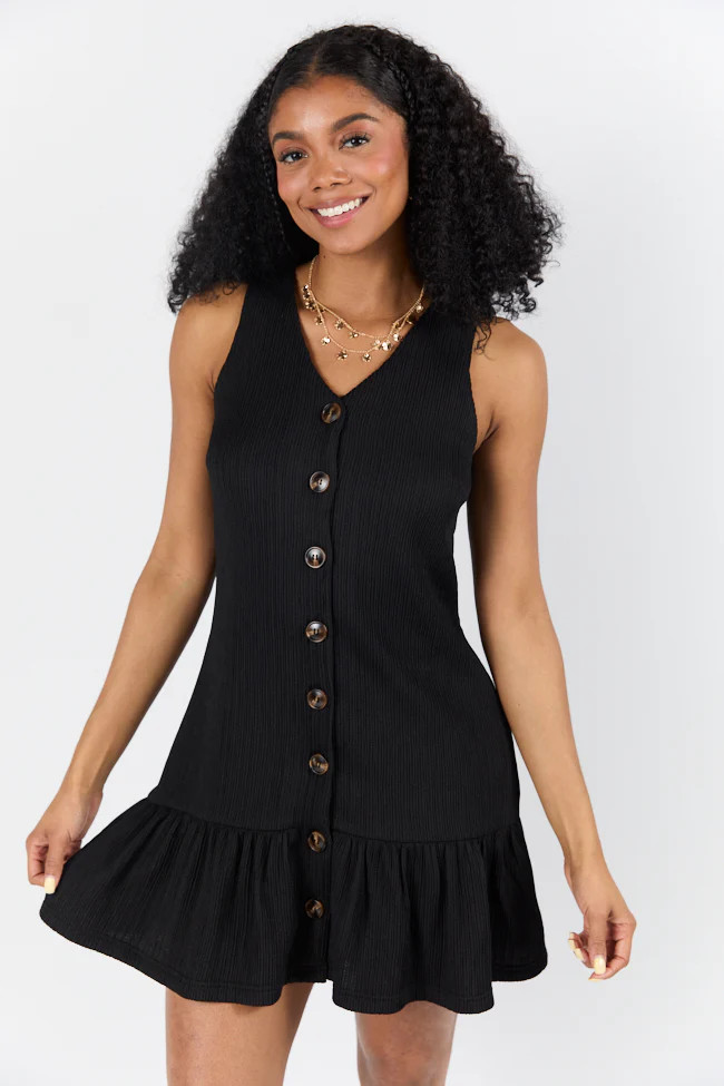 Sunset Romance Black Knit Button Front Mini Dress | Pink Lily