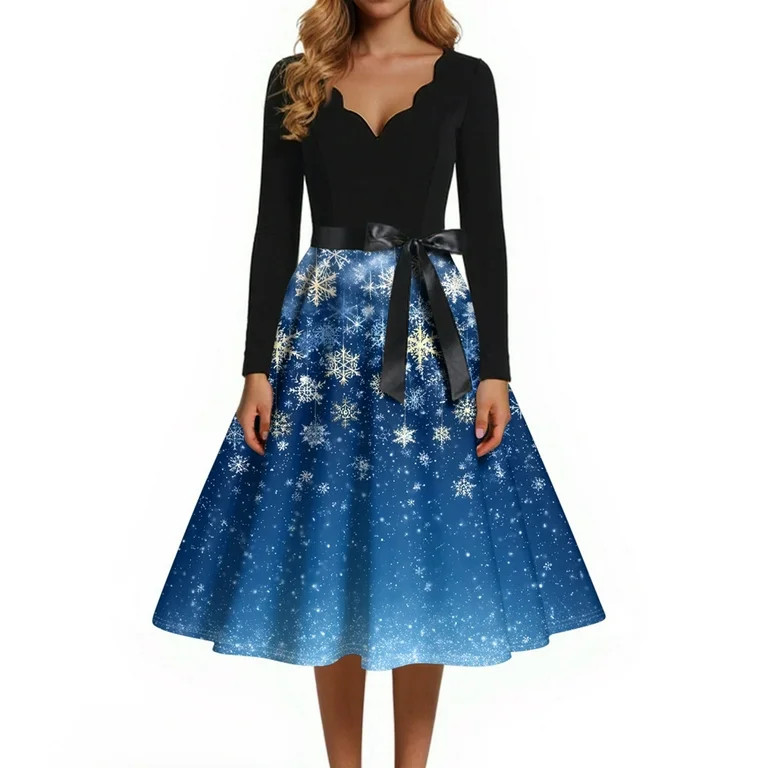 Women's Christmas Print Flare Dress with Snowflake, Christmas Tree and Snowman Pattern, Long Slee... | Walmart (US)