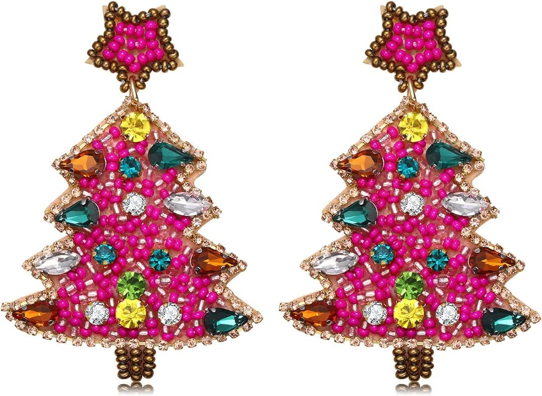 Christmas Earrings for Women Beaded Christmas Tree Dangling Earrings Hypoallergenic Handmade Spar... | Amazon (US)