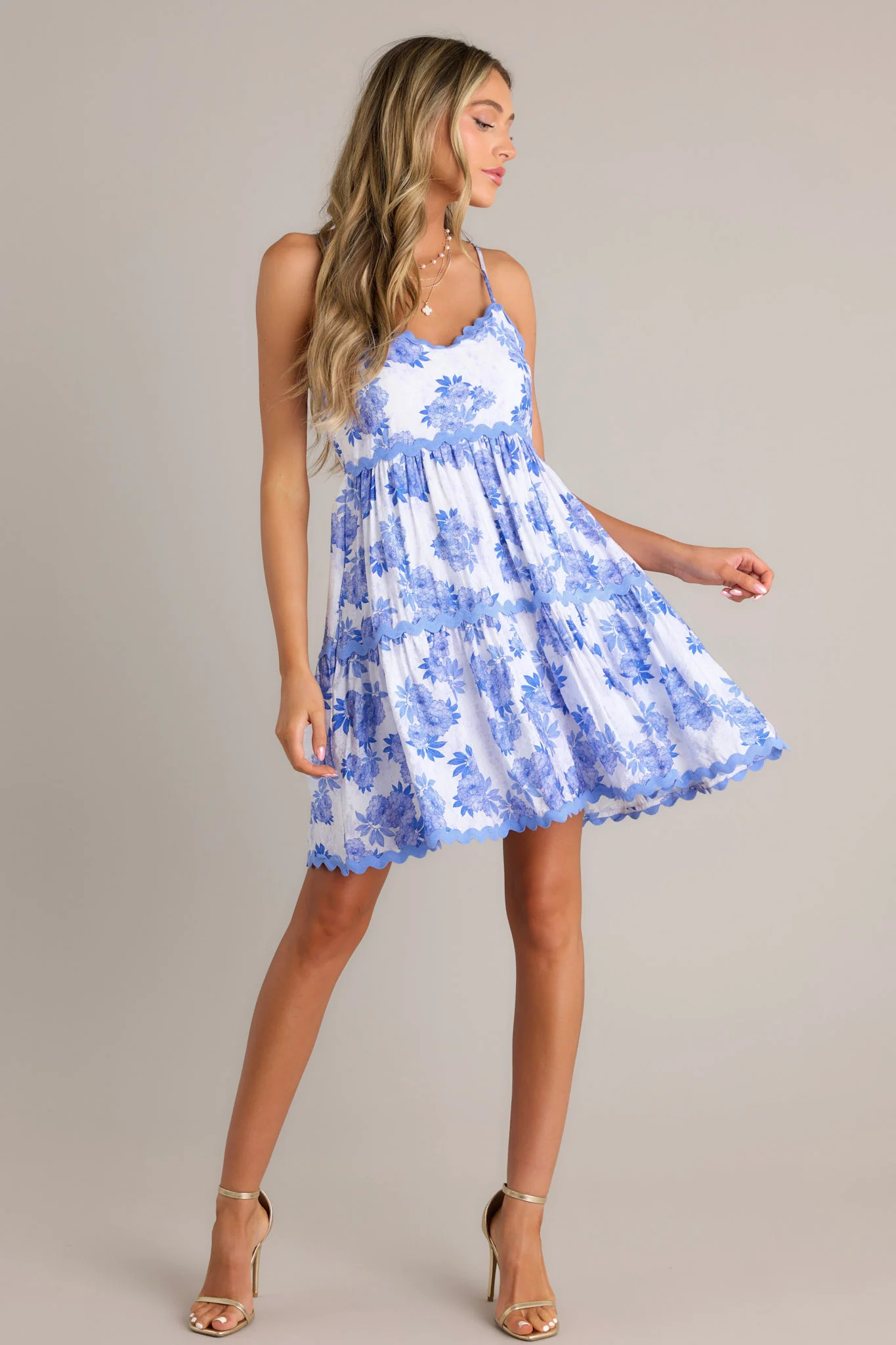 Azure Elegance Blue Floral Ricrac Mini Dress | Red Dress