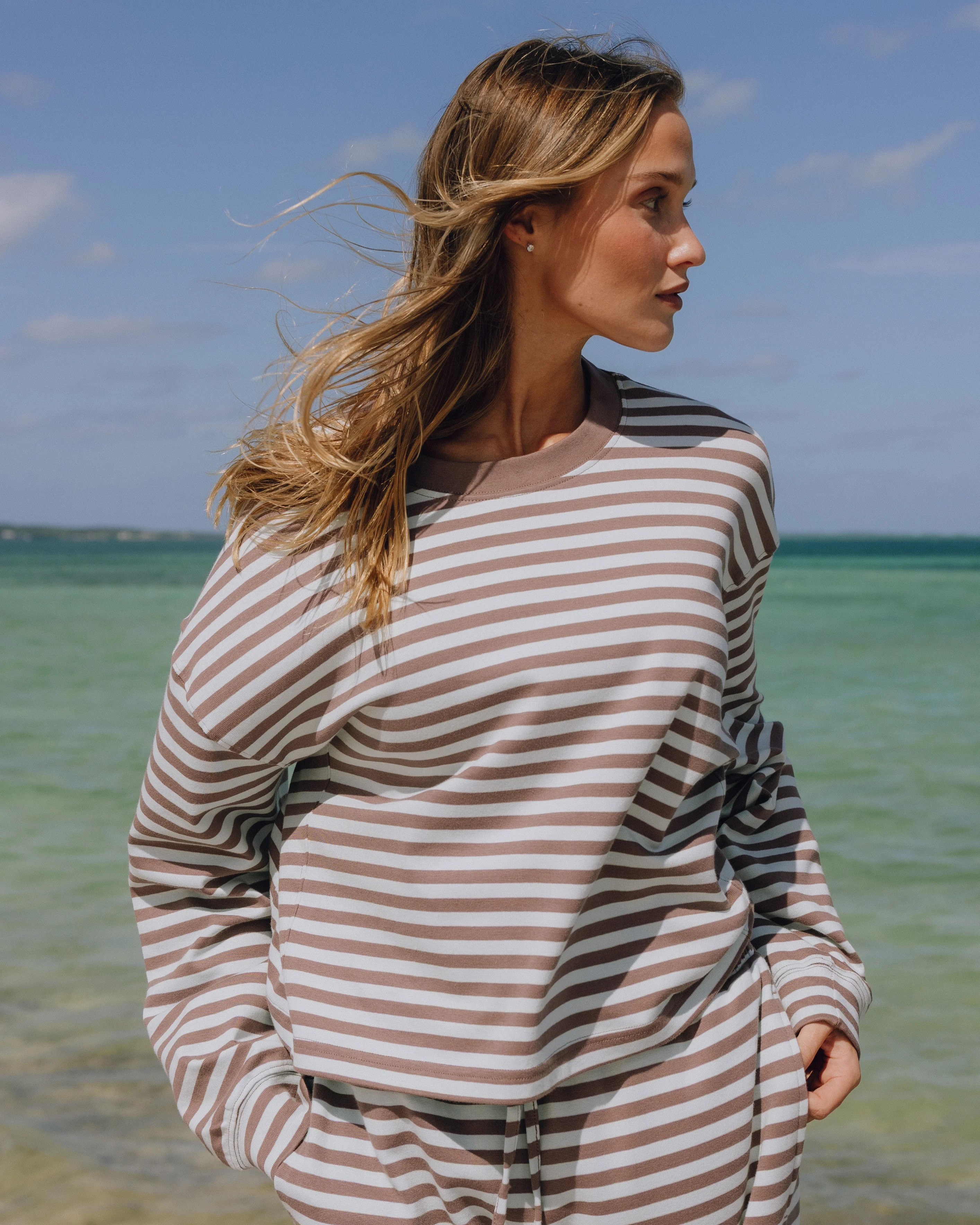 Striped Cotton Long Sleeve - Mocha + Lake Day Stripe | Daily Drills LLC