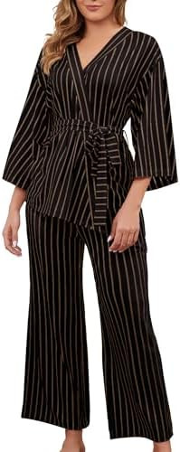 VibeVista Striped Pajamas for Women Set Kimono Lounge Sets 2 Piece Long Sleeve Pajama Tops and Pa... | Amazon (US)
