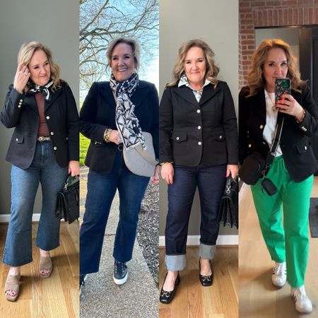Stretch twill blazer 4 ways. I’m wearing a 14 petite it fits perfect. 
It’s black, also comes in pink. For business casual or professional , this is a great blazer! 


Work outfits spring layers 
Talbots JCREW Chicos banana republic 